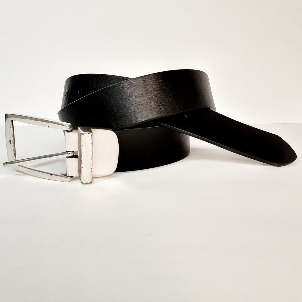 💎Coldwater Creek Black Wide Leather Belt Size Medium Geometric Buckle Basic